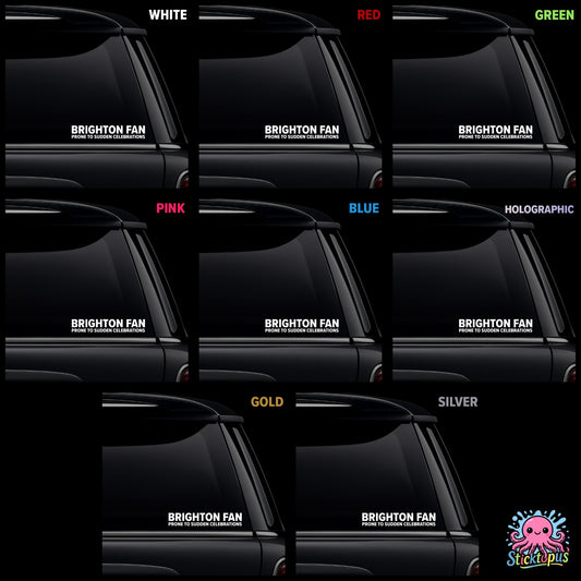 Car window sticker with 'Brighton Fan Prone to Sudden Celebrations' text in various colors on a black background.