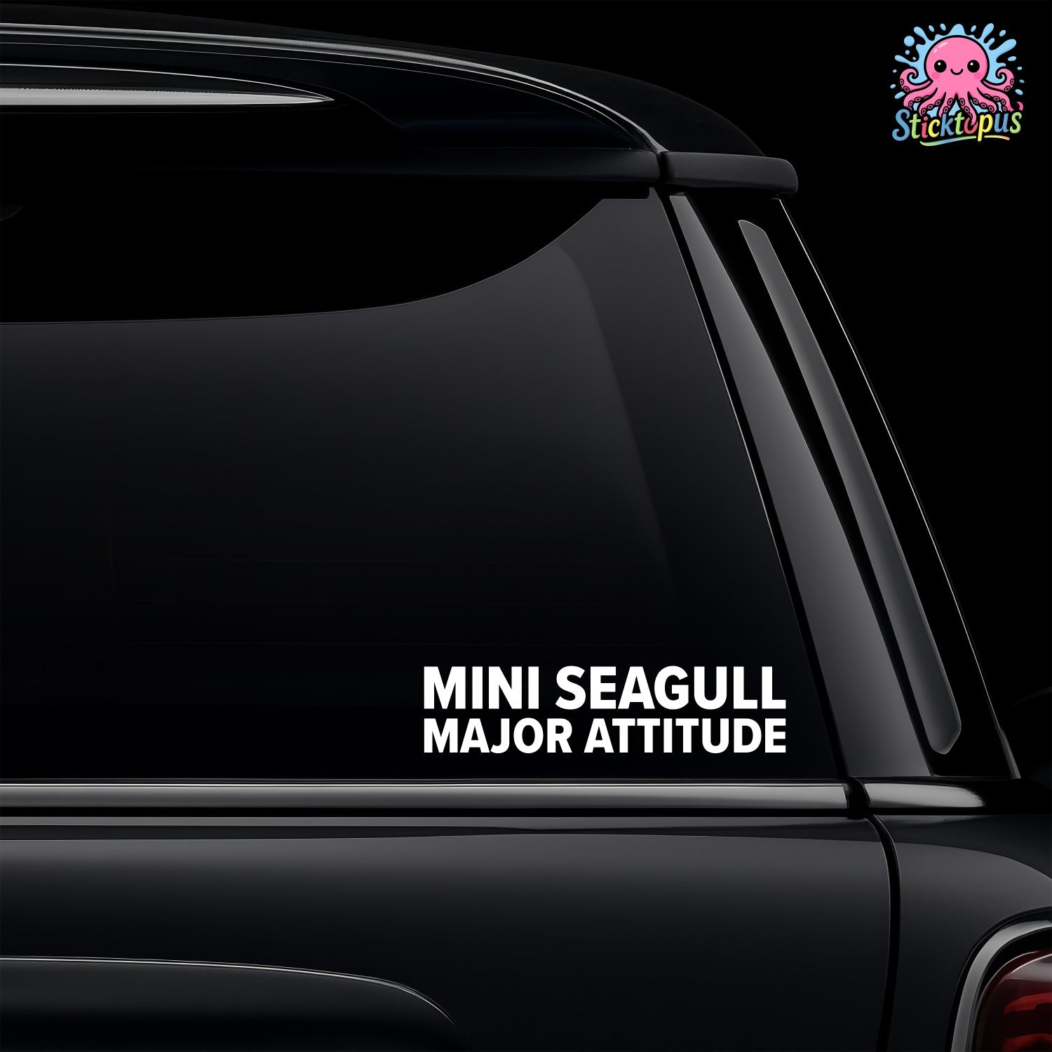 Car window with 'MINI SEAGULL, MAJOR ATTITUDE' sticker.