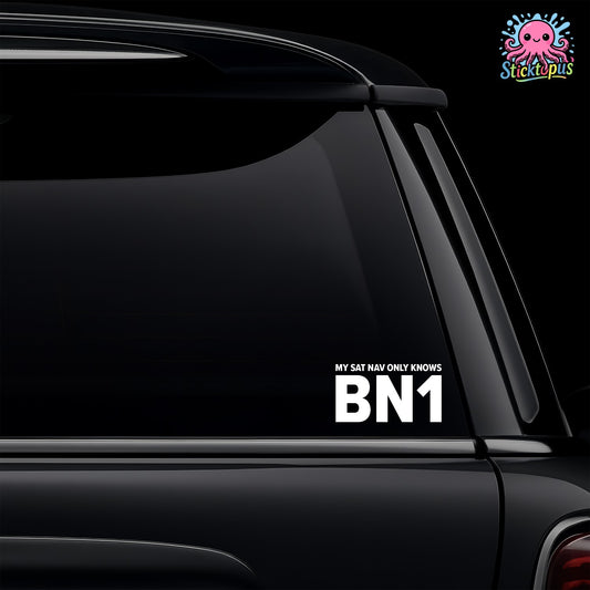 Car window with 'MY SAT NAV ONLY KNOWS BN1' decal and Sticktopus logo.