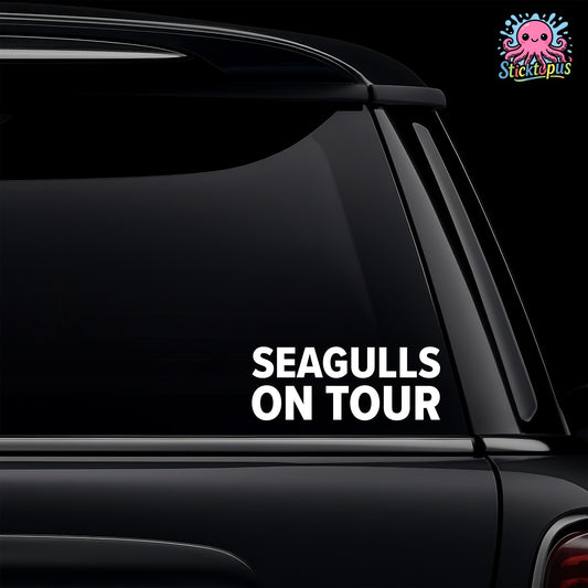 Car window with 'SEAGULLS ON TOUR' decal and Sticktopus logo.