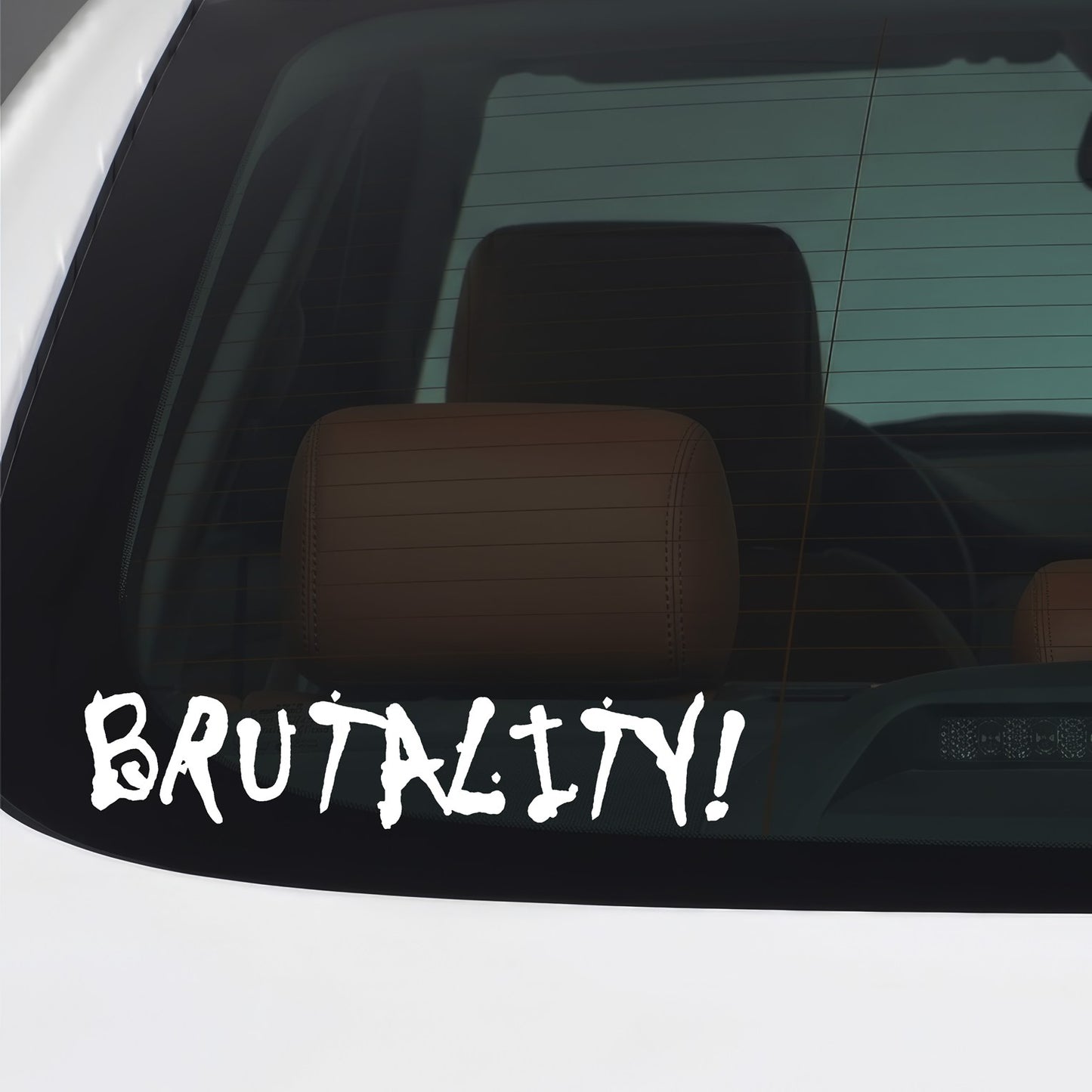 White Brutality sticker applied to a car window.
