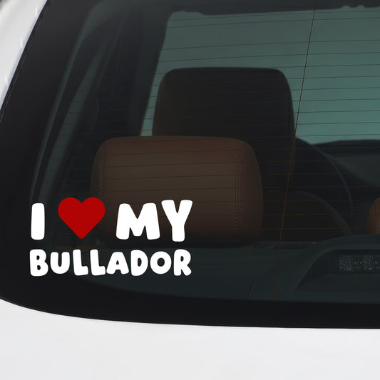 Bullador – I LOVE MY DOG Sticker – Car Window Decal – White vinyl car/window decal mockup