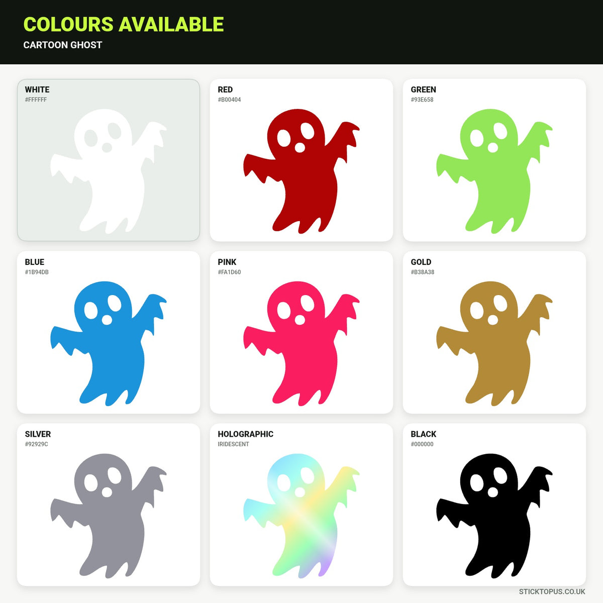 Vinyl colour options for Cartoon Ghost vinyl sticker