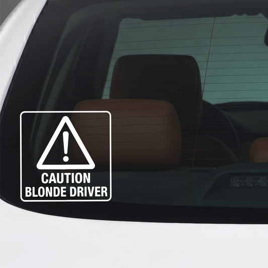 Caution blonde driver white car window sticker.
