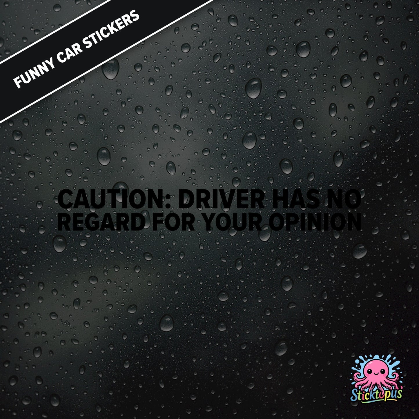 Caution: Driver Has No Regard For Your Opinion — rude caution sticker in black text, bold and dismissive.