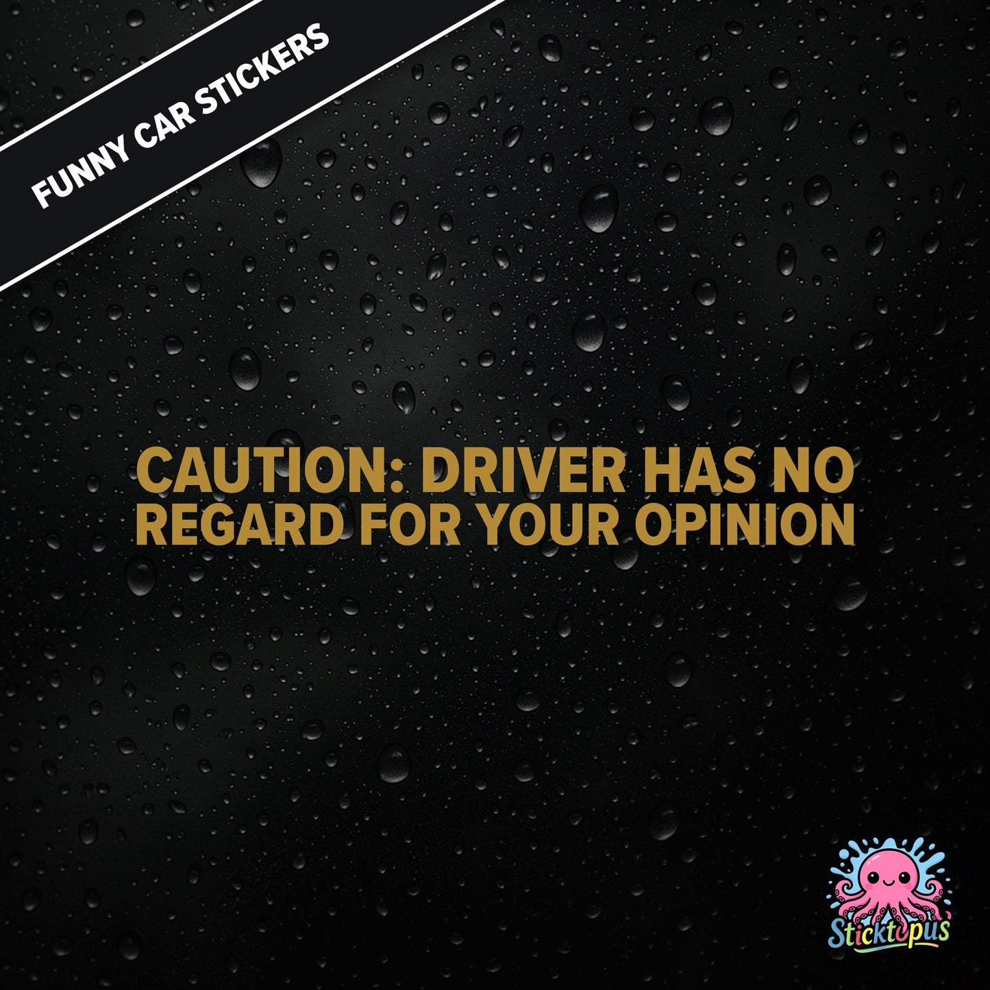 Caution: Driver Has No Regard For Your Opinion — rude caution sticker in gold text, bold and dismissive.