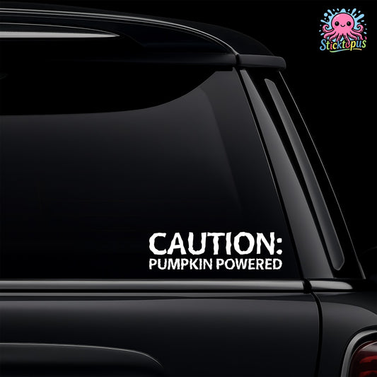 Car window with 'CAUTION: PUMPKIN POWERED' decal and Sticktopus logo.