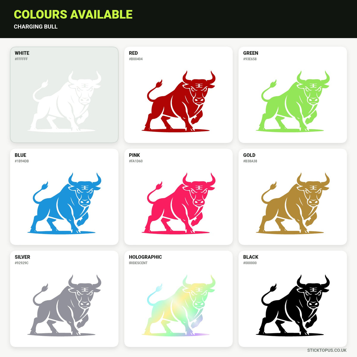 Vinyl colour options for Charging Bull vinyl sticker