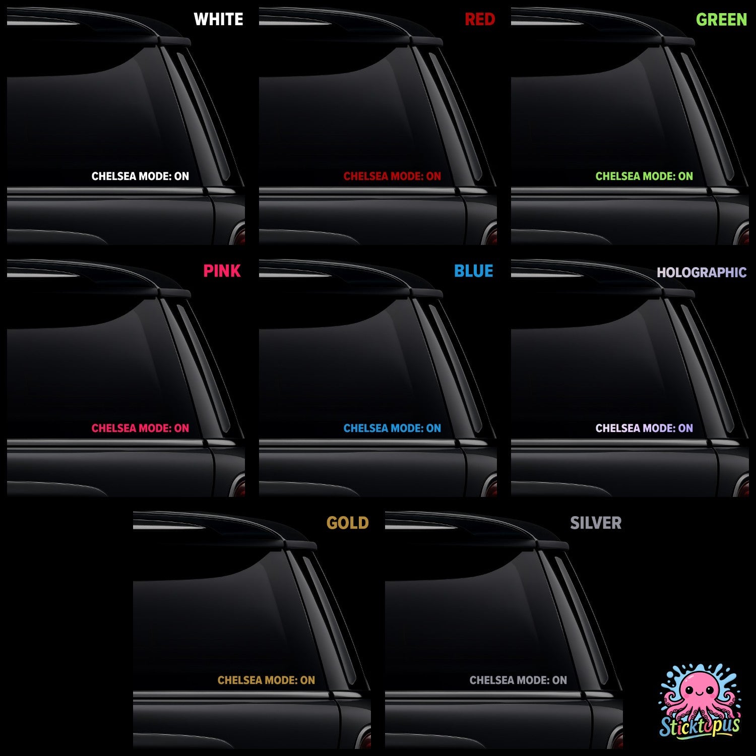 Collection of car window decals with 'Chelsea Mode On' text in various colors.