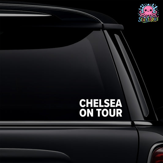 Car window with 'CHELSEA ON TOUR' decal and Sticktopus logo.