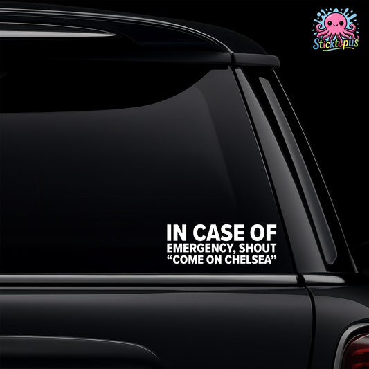 Car window with 'IN CASE OF EMERGENCY, SHOUT "COME ON CHELSEA"' decal and Sticktopus logo.
