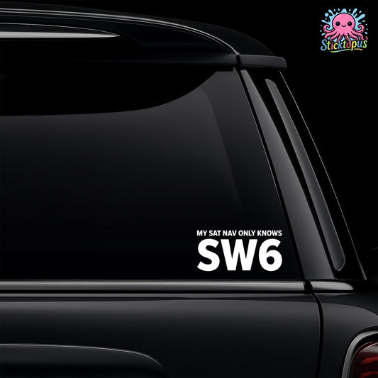 Car window with 'MY SAT NAV ONLY KNOWS SW6' decal and Sticktopus logo.