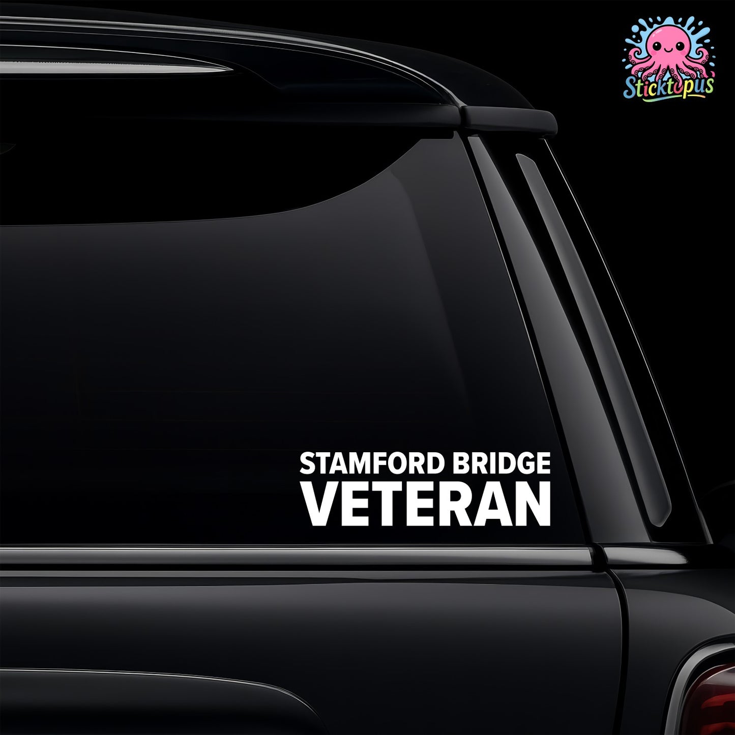Car window with 'STAMFORD BRIDGE VETERAN' decal and Sticktopus logo.