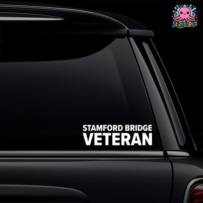 Car window with 'STAMFORD BRIDGE VETERAN' decal and Sticktopus logo.