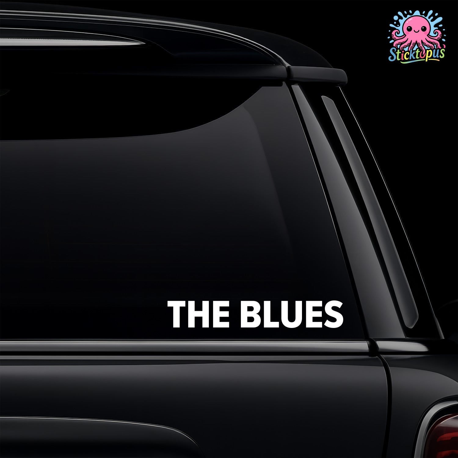 Car window with 'THE BLUES' decal and Sticktopus logo.