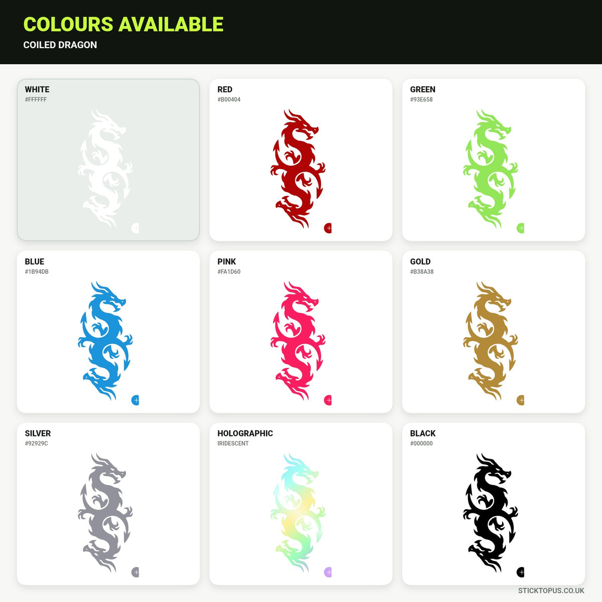 Vinyl colour options for Coiled Dragon vinyl sticker