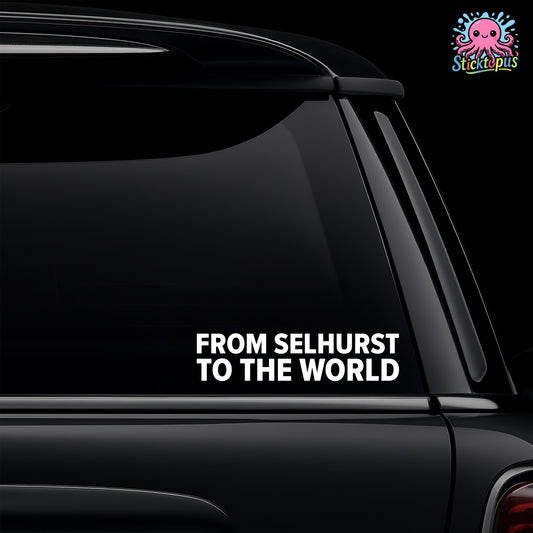 Car window with 'FROM SELHURST TO THE WORLD' decal and Sticktopus logo.