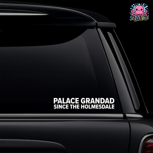 Car window with 'PALACE GRANDAD SINCE THE HOLMESDALE' decal and Sticktopus logo.