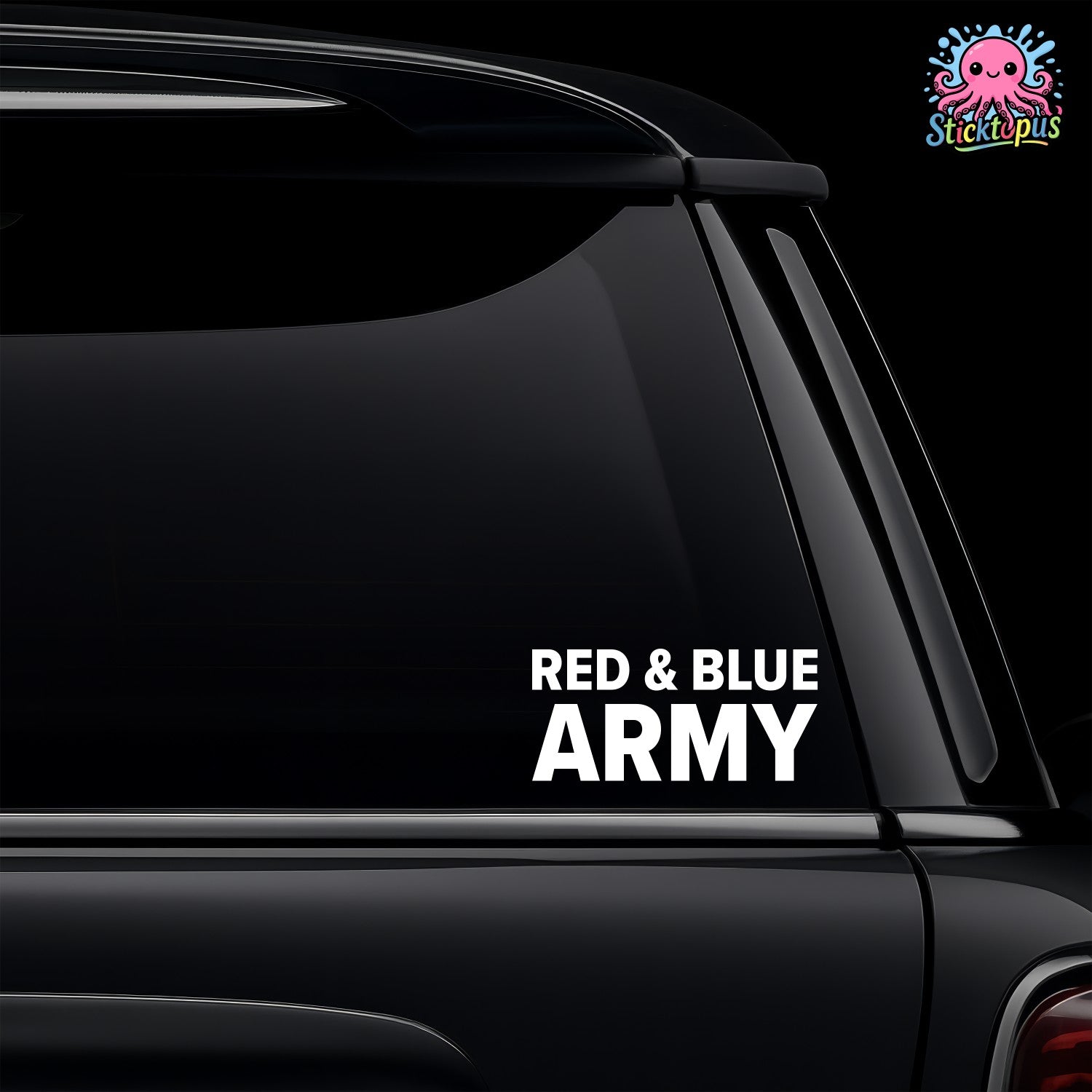 Car window with 'Red & Blue Army' decal and Sticktopus logo.
