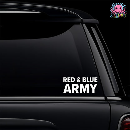 Car window with 'Red & Blue Army' decal and Sticktopus logo.