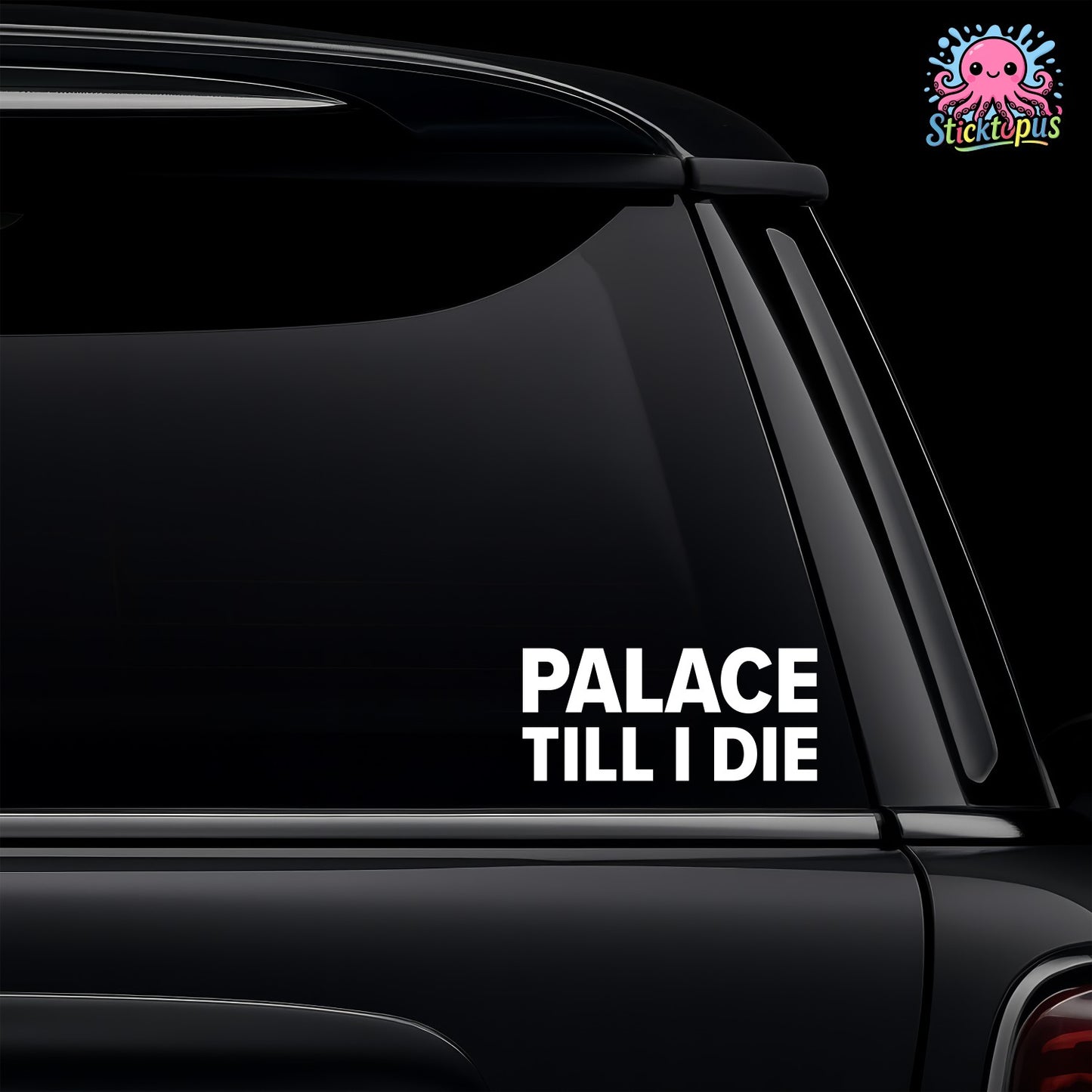 Black car with 'PALACE TILL I DIE' decal and Sticktopus logo.
