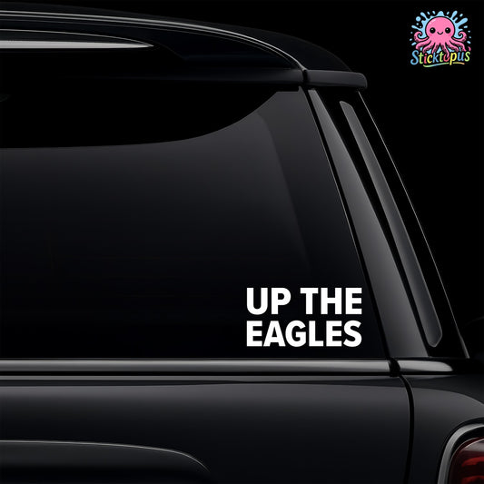 Car window with 'UP THE EAGLES' decal and Sticktopus logo.