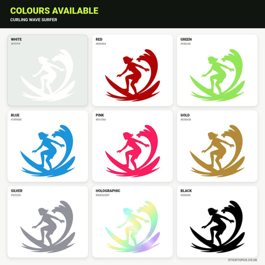 Vinyl colour options for a surfer balancing on a curling wave vinyl sticker