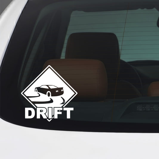 White drift vinyl sticker applied to a car window.