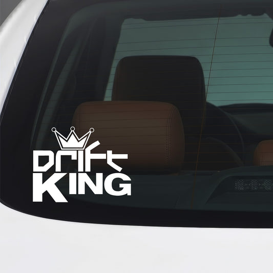 White Drift King car window sticker applied to a car window.