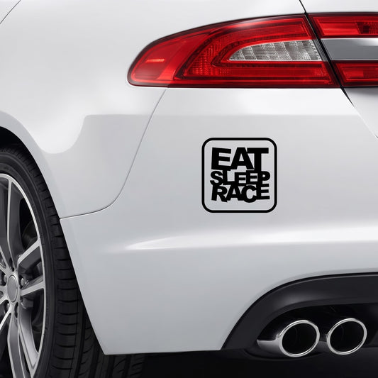 Black Eat Sleep Race vinyl sticker applied to a car bumper.
