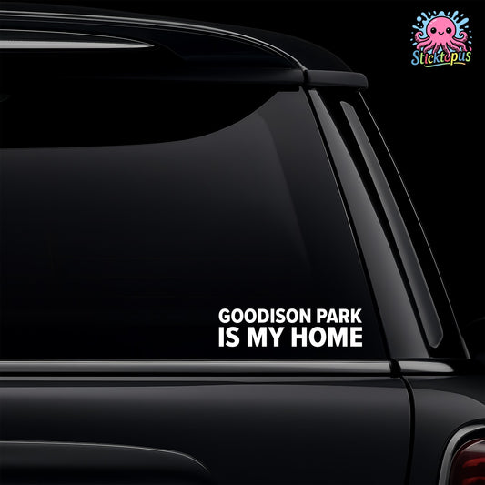 Car window with 'Goodison Park Is My Home' decal and Sticktopus logo.