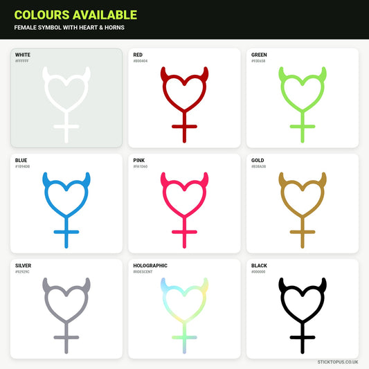 Vinyl colour options for female symbol with heart and horns vinyl sticker