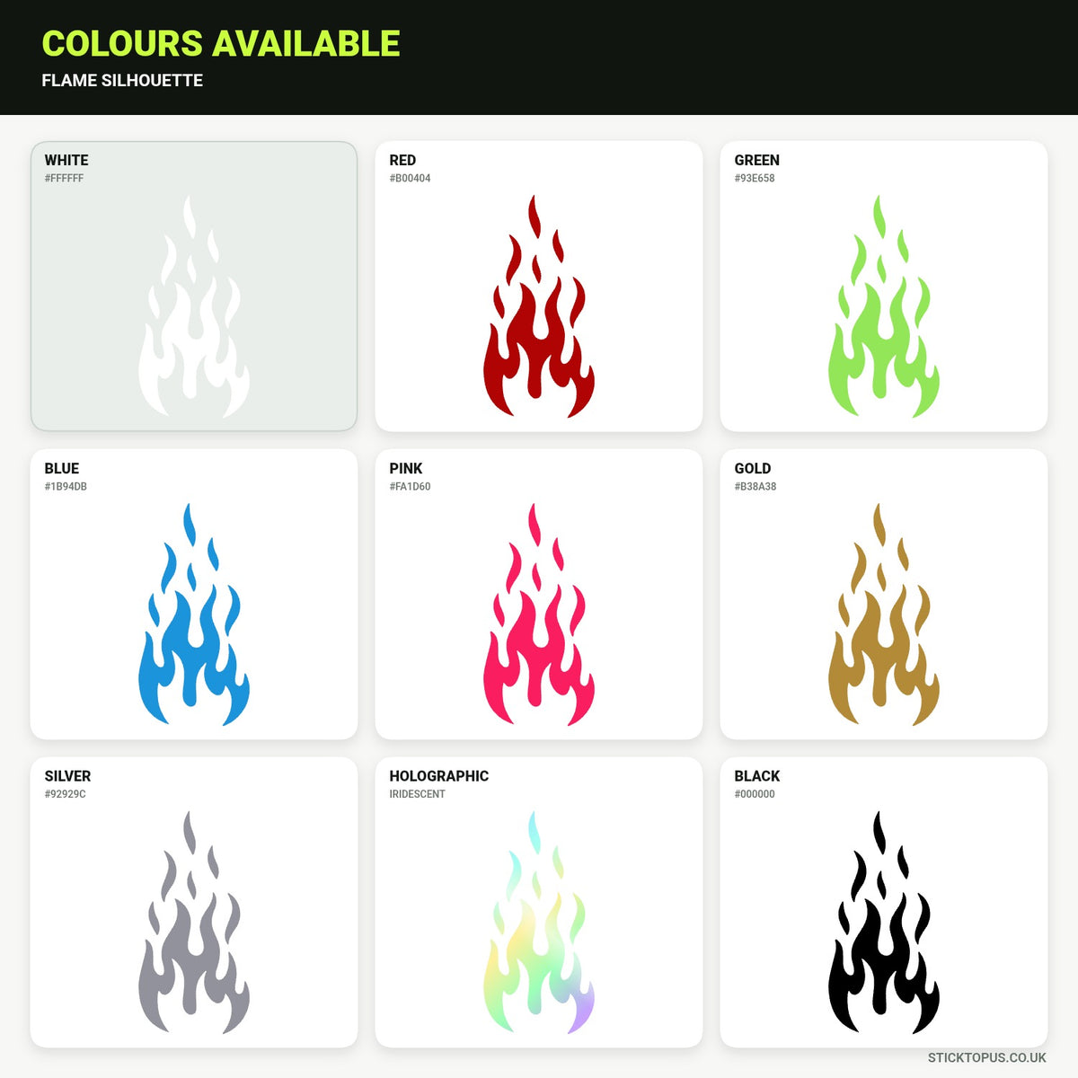 Vinyl colour options for Flame Silhouette vinyl sticker