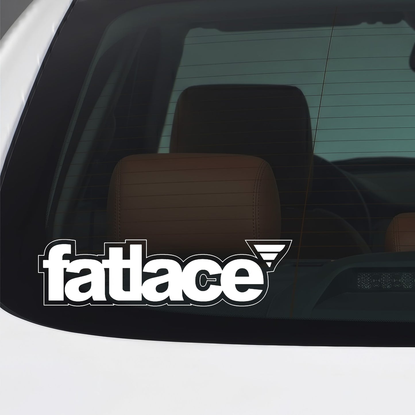 White Fatlace sticker applied to a car window.