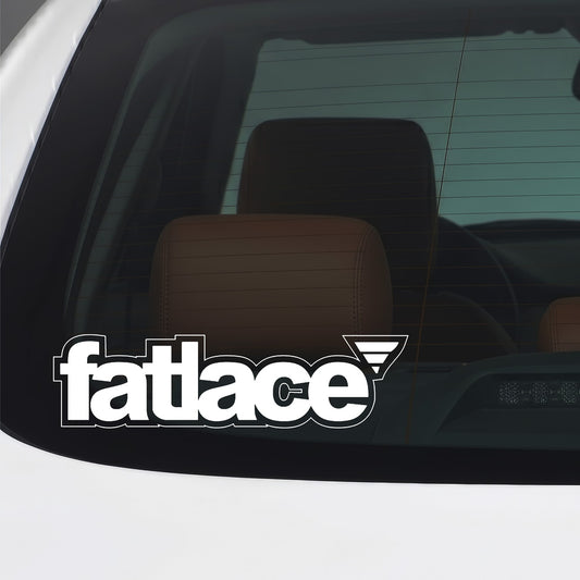 White Fatlace sticker applied to a car window.