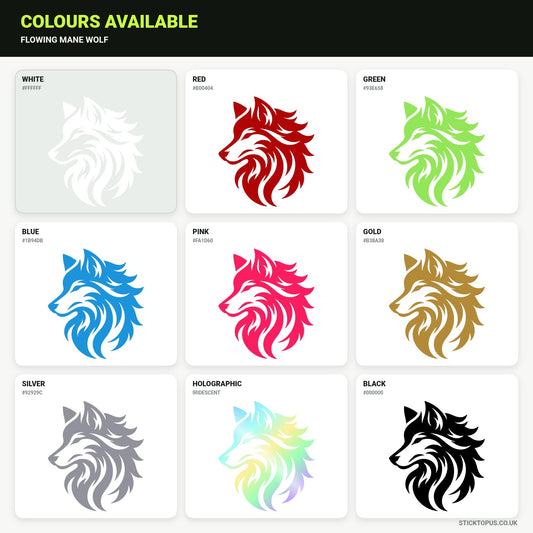 Vinyl colour options for a flowing-mane wolf profile vinyl sticker
