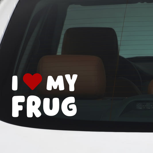 Frug – I LOVE MY DOG Sticker – Car Window Decal – White vinyl car/window decal mockup