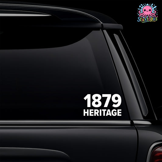 Car window with '1879 Heritage' decal and Sticktopus logo.