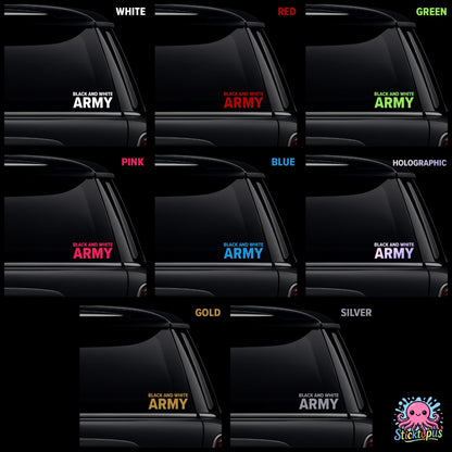 Collection of 'Black and White Army' decals in various colors on a black background.