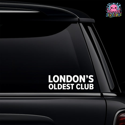 Car window with 'LONDON'S OLDEST CLUB' decal and Sticktopus logo.