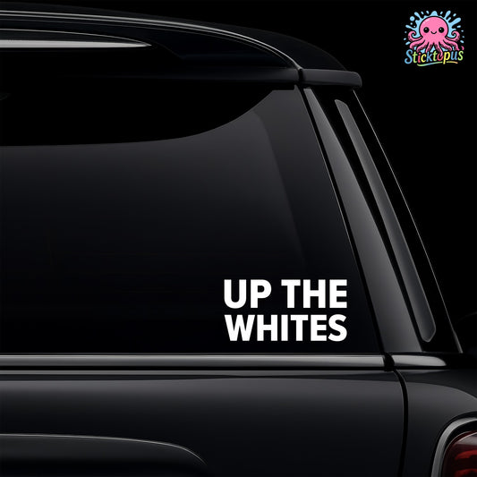 Car window with 'UP THE WHITES' decal and Sticktopus logo.