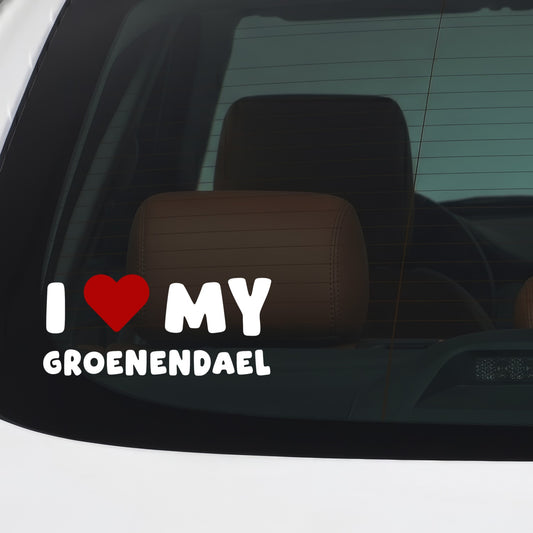 Groenendael – I LOVE MY DOG Sticker – Car Window Decal – White vinyl car/window decal mockup