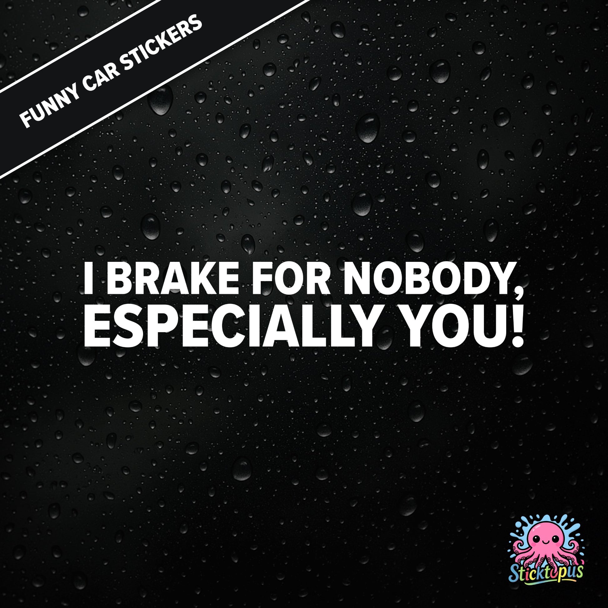 I Brake For Nobody, Especially You! — aggressive braking sticker in white text, rude and bold.