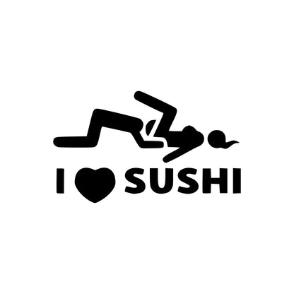 Black I Love Sushi vinyl sticker on a white background.