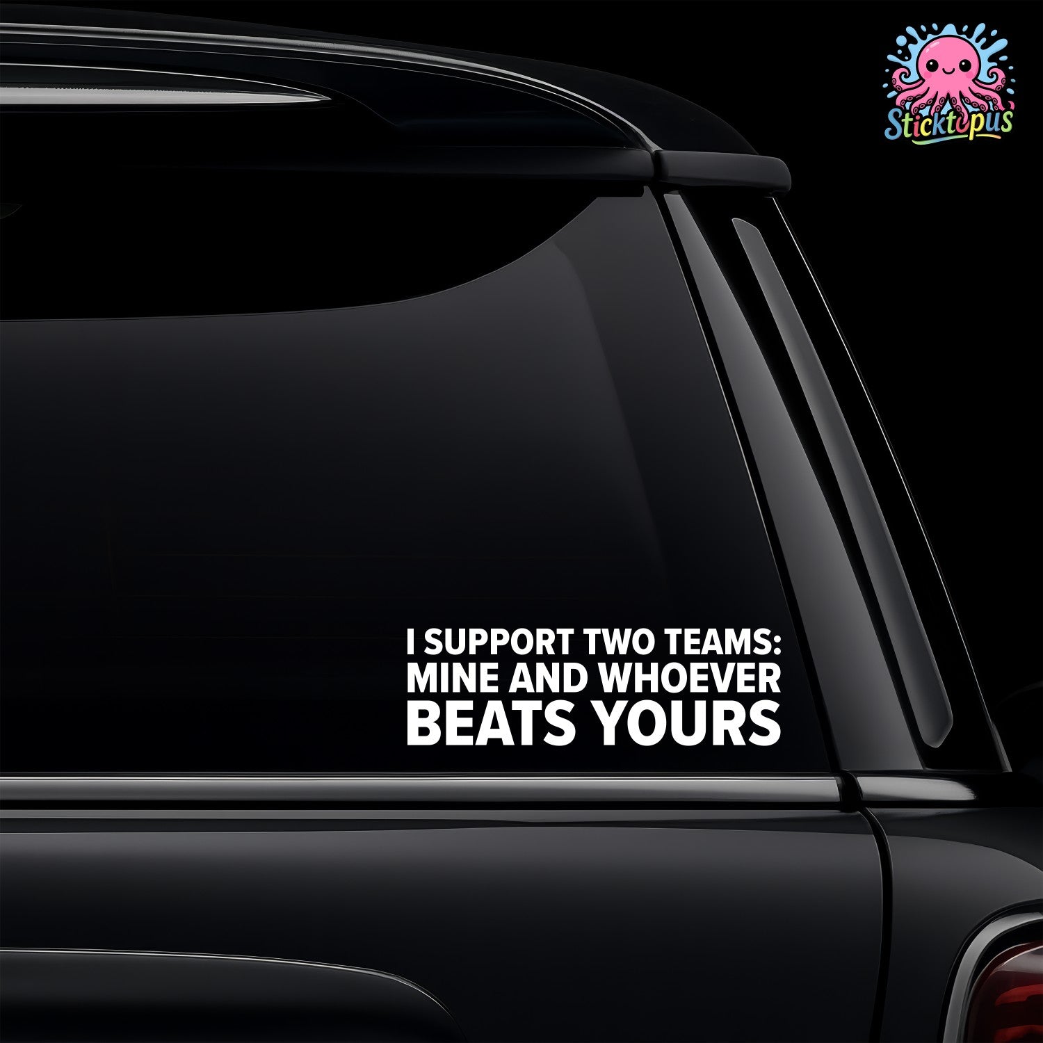 Car window with a humorous decal about sports support on a black background