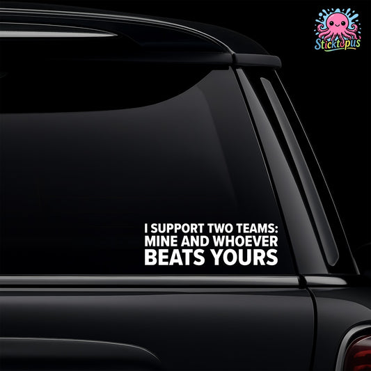 Car window with a humorous decal about sports support on a black background