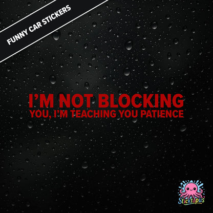 I’m Not Blocking You, I’m Teaching You Patience — dry blocking sticker in red text, surreal life lesson.