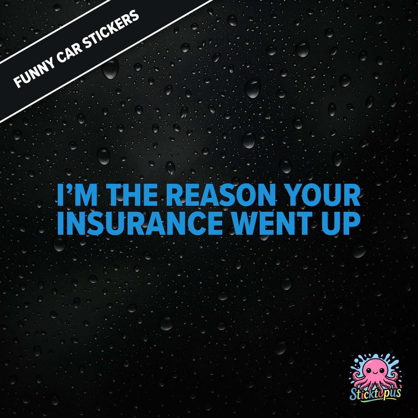 I’m The Reason Your Insurance Went Up — self-aware insurance sticker in blue text, dry and cheeky.