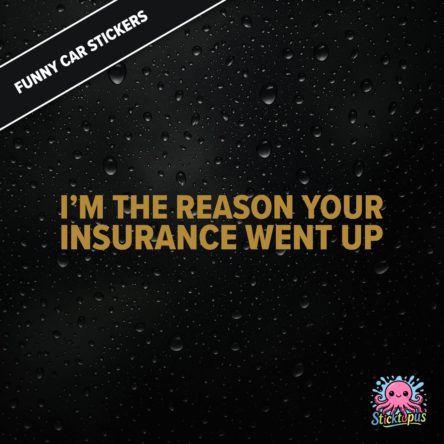 I’m The Reason Your Insurance Went Up — self-aware insurance sticker in gold text, dry and cheeky.
