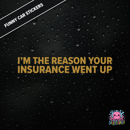I’m The Reason Your Insurance Went Up — self-aware insurance sticker in gold text, dry and cheeky.